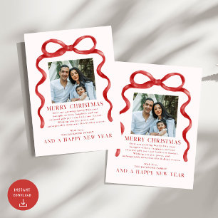 Modern Red Bow Merry Christmas Photo Holiday Card