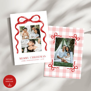 Modern Red Bow Merry Christmas Photo Holiday Card