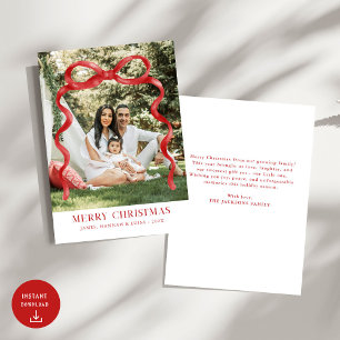 Modern Red Bow Merry Christmas Photo Invitation