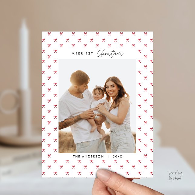 Modern Red Bow Pattern Family Photo Christmas Postcard (Modern Red Bow Pattern Family Photo Christmas Postcard in Vintage theme)