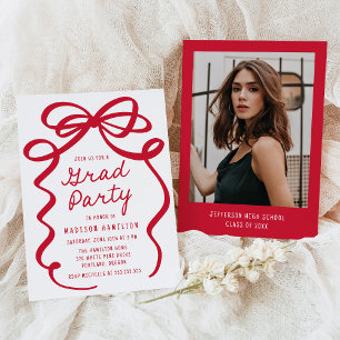 Modern Red Bow Photo Graduation Party Invitation