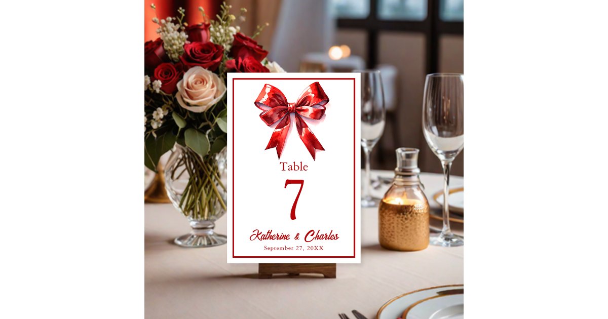 Table Numbers With Ribbon Modern Red Bow Ribbon Wedding Table Number | Zazzle