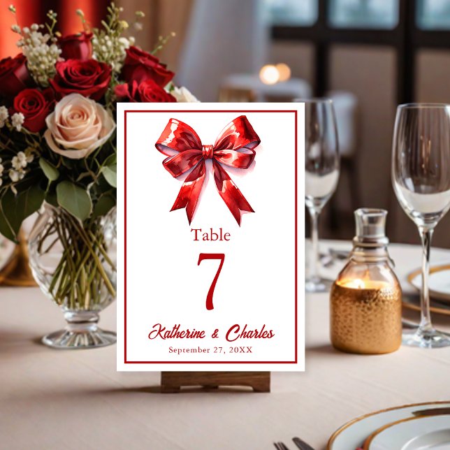Modern Red Bow Ribbon Wedding  Table Number (Creator Uploaded)
