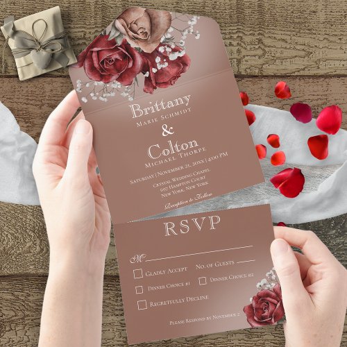 Modern Red  Brown Roses Floral Brown Dinner All In One Invitation