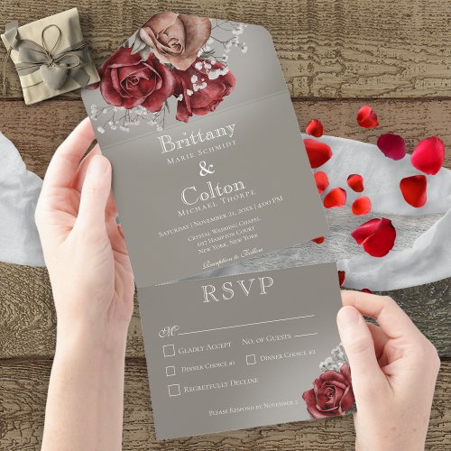 Modern Red  Brown Roses Floral Gray Dinner All In One Invitation