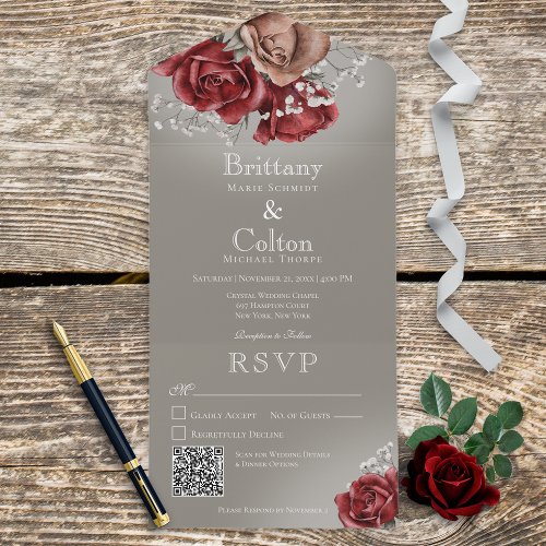 Modern Red  Brown Roses Floral Gray QR Code All In One Invitation