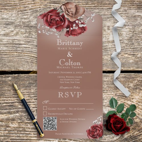 Modern Red  Brown Roses Floral QR Code All In One Invitation