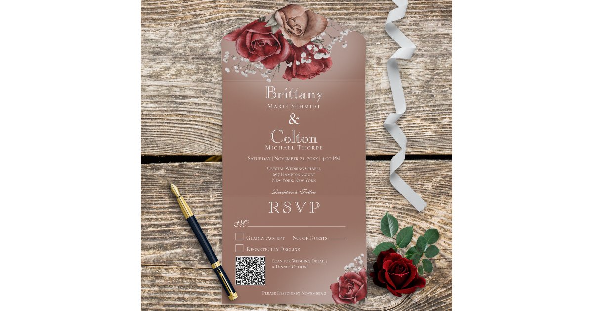 Modern Red & Brown Roses Floral QR Code All In One Invitation | Zazzle
