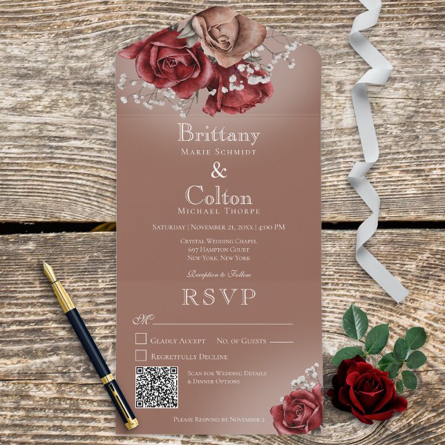 Modern Red & Brown Roses Floral QR Code All In One Invitation (Creator Uploaded)