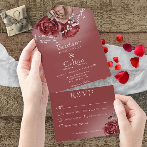 Modern Red  Brown Roses Floral Red Dinner All In One Invitation