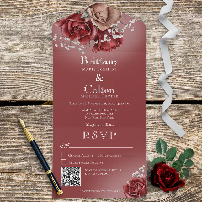 Modern Red & Brown Roses QR Code All In One Invitation | Zazzle