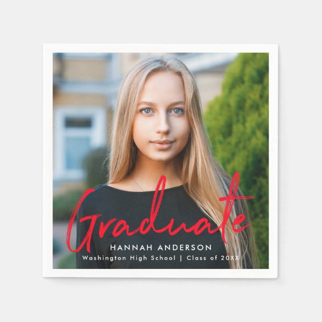 Modern Red Brush Script Photo Graduation Napkins (Front)