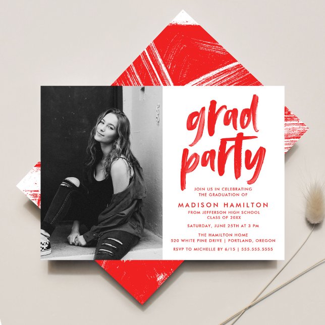 Modern Red Brush Script Photo Graduation Party Invitation (Creator Uploaded)