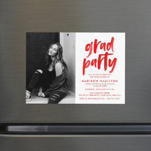 Modern Red Brush Script Photo Graduation Party Magnetic Invitation