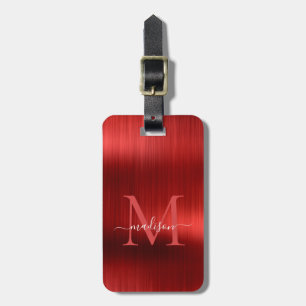 Modern Red Brushed Metal Foil Script Monogram Glam Luggage Tag