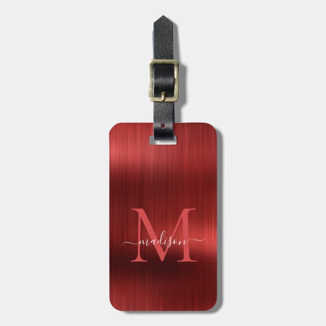 Modern Red Brushed Metal Foil Script Monogram Glam Luggage Tag (Front Vertical)