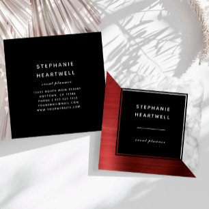 Modern Red Brushed Metal White Marble Black Square Business Card