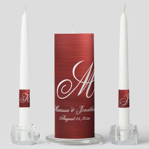 Modern Red Brushed Metallic Monogram Wedding Unity Candle Set