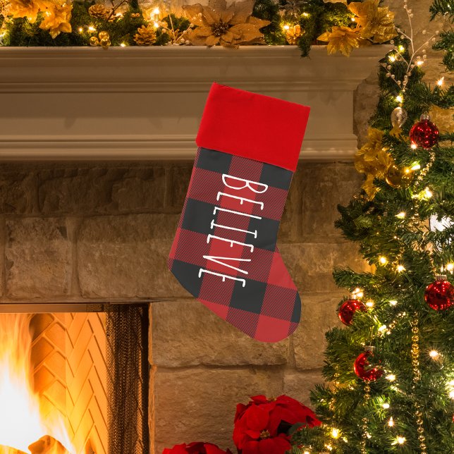 Modern Red Buffalo Plaid & Believe Christmas Stocking (Creator Uploaded)