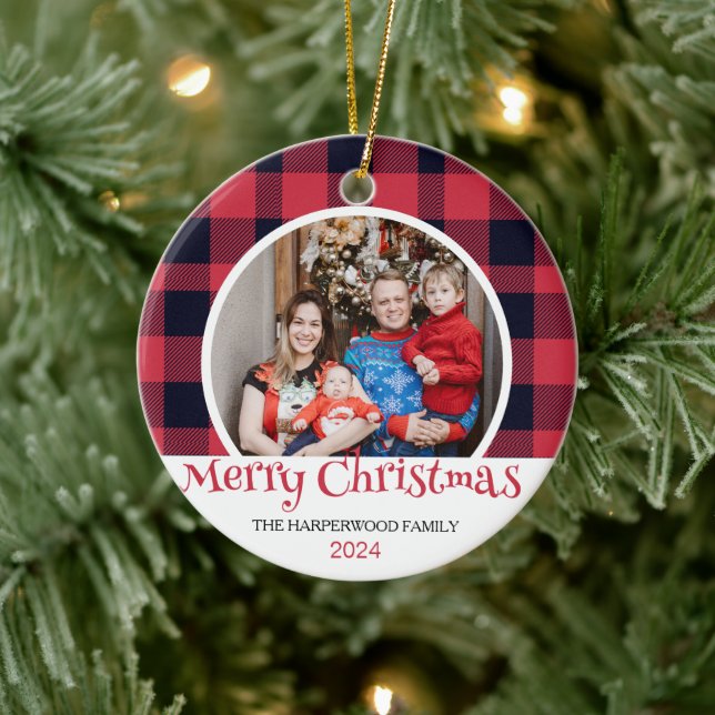 Modern Red Buffalo Plaid Christmas Family 2 Photo Ceramic Ornament (Tree)
