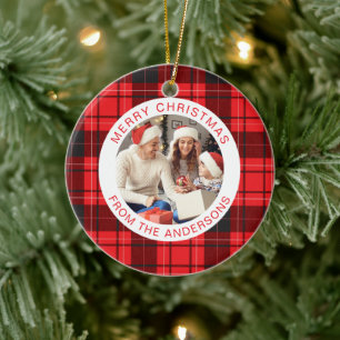 Modern Red Buffalo Plaid Christmas Family 2 Photo Ceramic Ornament
