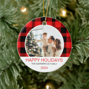 Modern Red Buffalo Plaid Christmas Family Photo Ceramic Ornament