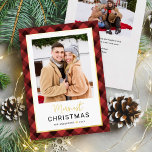 Modern Red Buffalo Plaid Christmas Photo Foil Holiday Card<br><div class="desc">Modern and festive plaid photo holiday card features a favorite vertical photo framed by a border and accents of real gold foil and hand painted watercolor red and black buffalo plaid check patterned background. Personalize the custom "Merriest Christmas" text with your preferred wording, family name, and the year. The back...</div>