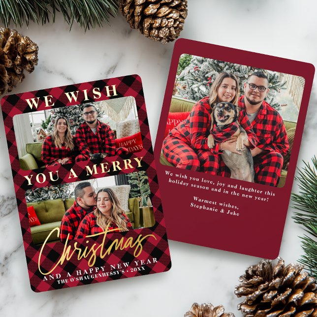 Modern Red Buffalo Plaid Christmas Photo Foil Holiday Card (Creator Uploaded)