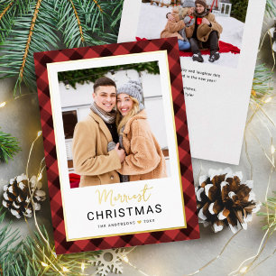 Modern Red Buffalo Plaid Christmas Photo Foil Holiday Card
