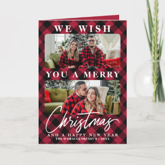 Modern Red Buffalo Plaid Christmas Photo Holiday Card