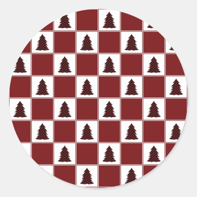 Modern Red Buffalo Plaid Christmas Tree Pattern Classic Round Sticker (Front)