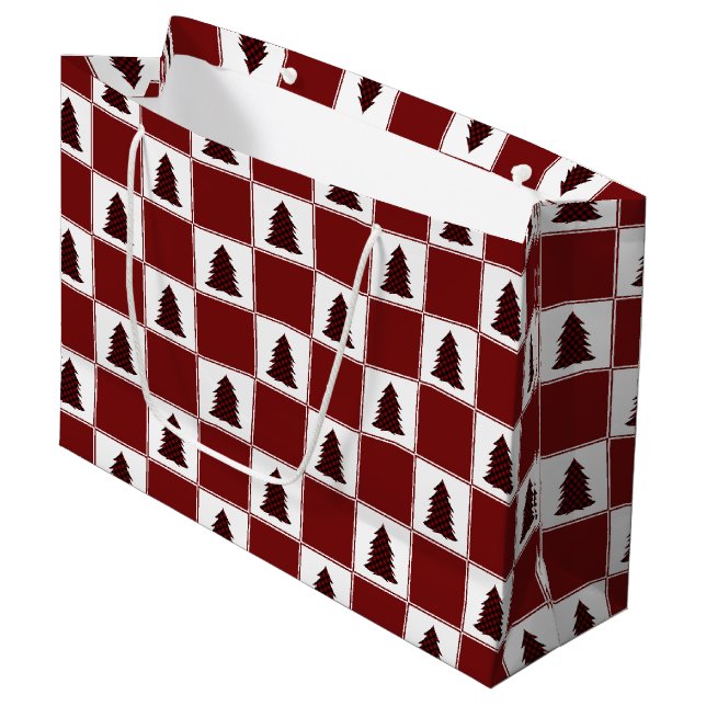 Modern Red Buffalo Plaid Christmas Tree Pattern Large Gift Bag (Front Angled)