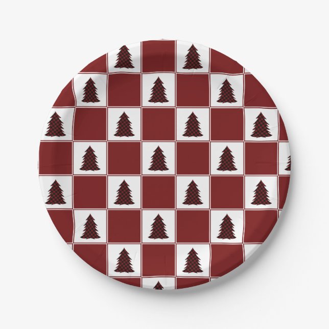 Modern Red Buffalo Plaid Christmas Tree Pattern Paper Plates (Front)