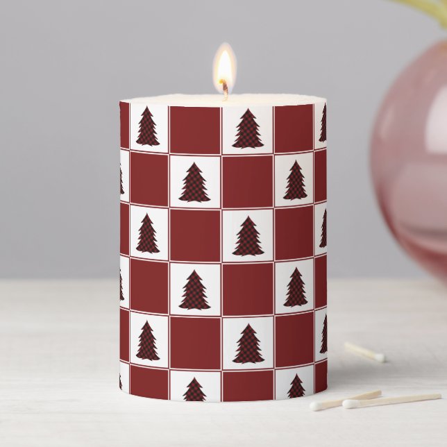Modern Red Buffalo Plaid Christmas Tree Pattern Pillar Candle (In Situ)