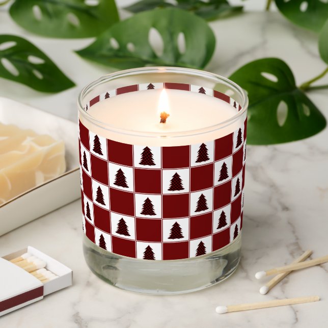 Modern Red Buffalo Plaid Christmas Tree Pattern Scented Candle (Lit)
