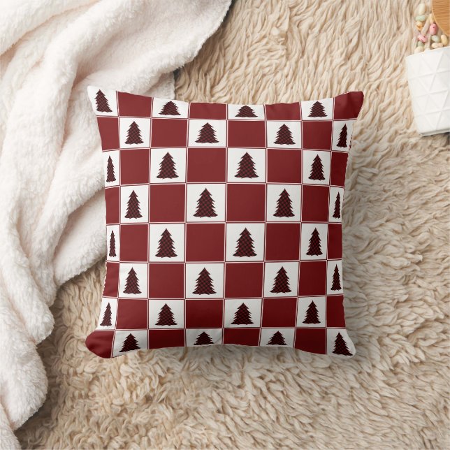 Modern Red Buffalo Plaid Christmas Tree Pattern Throw Pillow (Blanket)