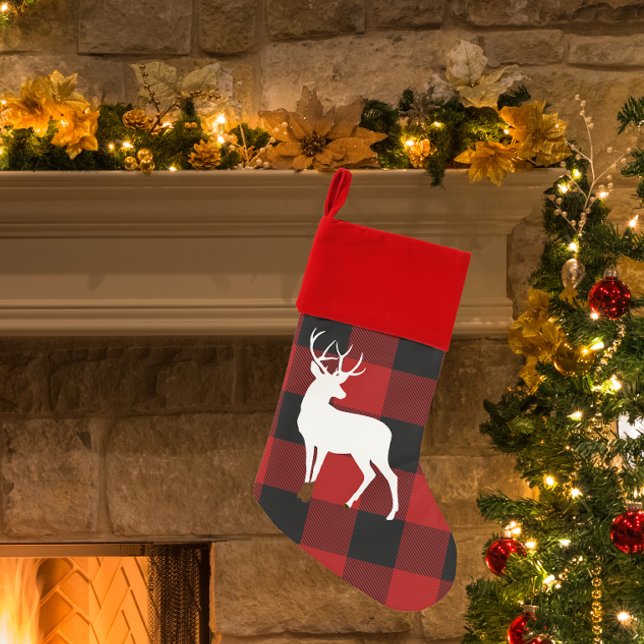 Modern Red Buffalo Plaid  & Deer Christmas Stocking (Creator Uploaded)