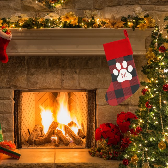 Modern Red Buffalo Plaid Dog Paw  Christmas Stocking (Creator Uploaded)