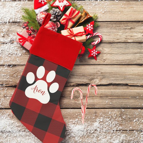 Modern Red Buffalo Plaid Dog Paw With Name Christmas Stocking