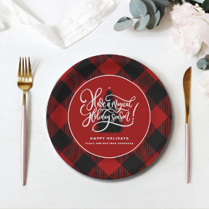 Modern Red Buffalo Plaid Farmhouse Christmas Paper Plates