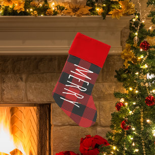 Modern Red Buffalo Plaid & Merry Christmas Stocking