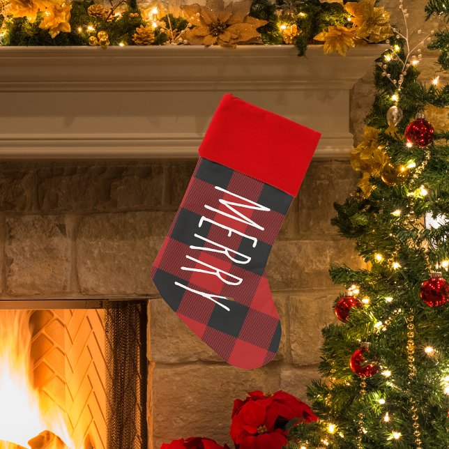 Modern Red Buffalo Plaid & Merry Christmas Stocking (Creator Uploaded)