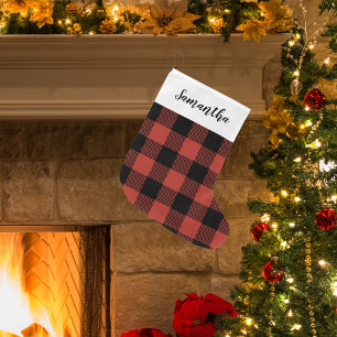 Modern Red Buffalo Plaid & Name Large Christmas Stocking