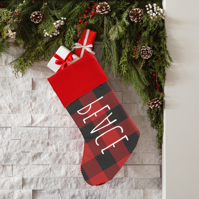 Modern Red Buffalo Plaid & Peace Christmas Stocking (Creator Uploaded)