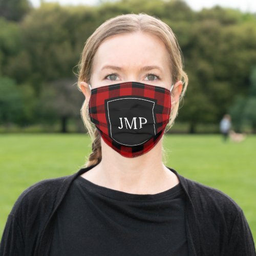 Modern Red Buffalo Plaid Personal Initial Adult Cloth Face Mask