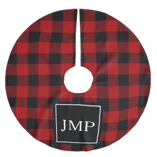 Modern Red Buffalo Plaid Personal Initial Brushed Polyester Tree Skirt