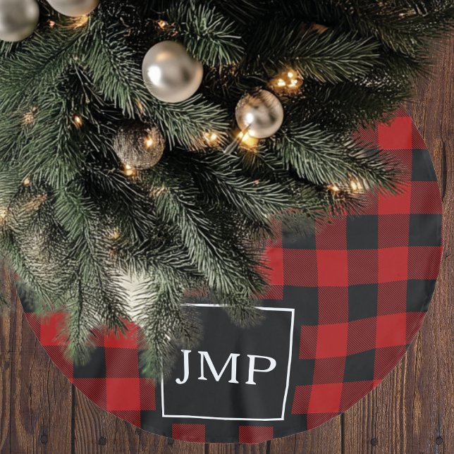 Modern Red Buffalo Plaid Personal Initial Brushed Polyester Tree Skirt (Creator Uploaded)
