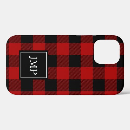 Modern Red Buffalo Plaid  Personal Initial  iPhone 12 Case