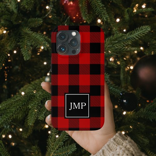 Modern Red Buffalo Plaid  Personal Initial  iPhone 13 Pro Case