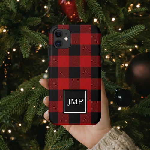 Modern Red Buffalo Plaid  Personal Initial  iPhone 11 Case